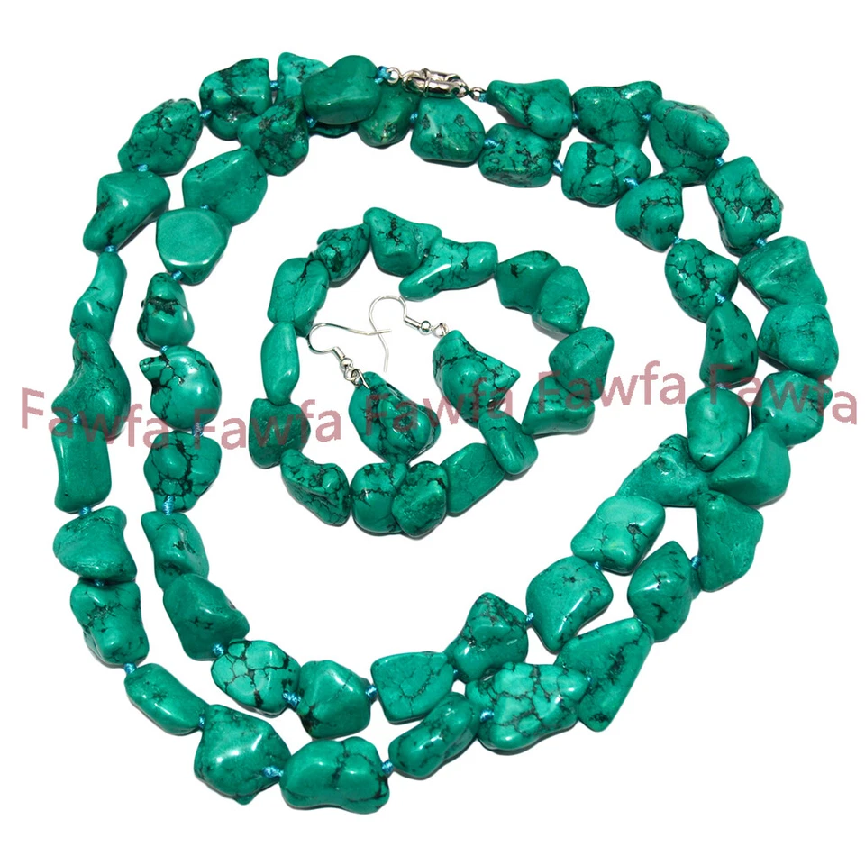 Conjunto de pendientes collar pulsera pepita irregular 15-18 mm verde turquesa cuentas Foto 3 de 4