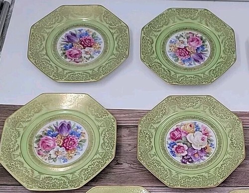 PT Tirschenreuth Bavaria Set of 4 Green Floral Square Porcelain Salad Plates 8"