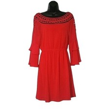 Skies Are Blue Red Crochet Neck Ruffle Sleeve Smocked Waist Dress 8 formal sexy