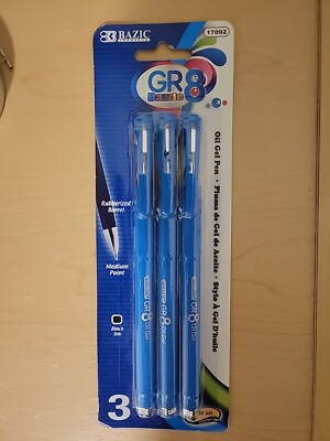 BAZIC 3-pack Oil Gel Pen, GR8 Black w/ Rubberized Barrel, 1.0 mm