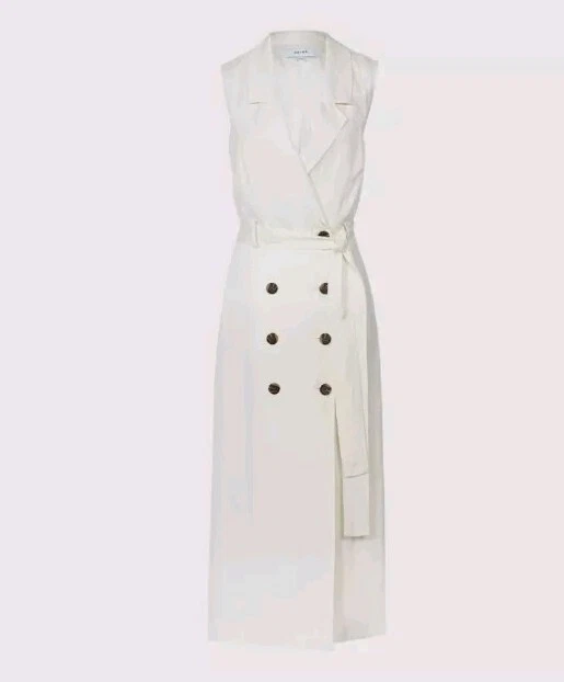 OFF WHITE ABITO MIDI NUOVO CON ETICHETTE REISS OFF BIANCO MISTO LINO DOPPIOPETTO CON CINTURA TAGLIA UK 4