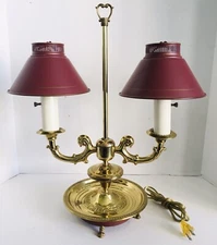 Brass Bouillotte Footed Double Light Table Lamp with Brick Tole Shades
