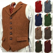 Mens Tweed Vest Vintage Wool Herringbone Orange Hunting Golf Vests Large XL XXL