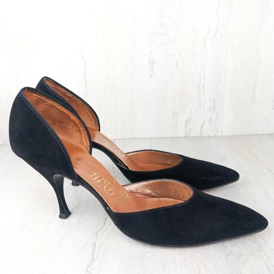 Escarpins femme vintage La Patti daim noir bout pointu talon haut