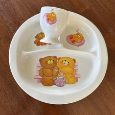 Vintage Child Toddler Ceramic Divided Plate  Egg Cup Teddy Bear Kids Dinnerware