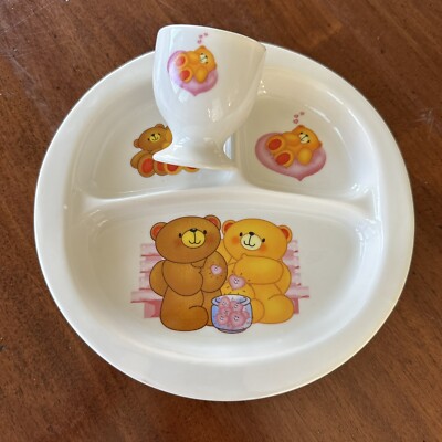 Vintage Child Toddler Ceramic Divided Plate & Egg Cup Teddy Bear Kids Dinnerware