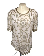 Beaded Evening Silk SEQUIN VTG Laurence Kazar M/L Ivory Gold Metallic Wedding