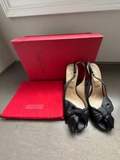 Valentino Garavani Black Satin Bow Accents Slingback Heels Size 36