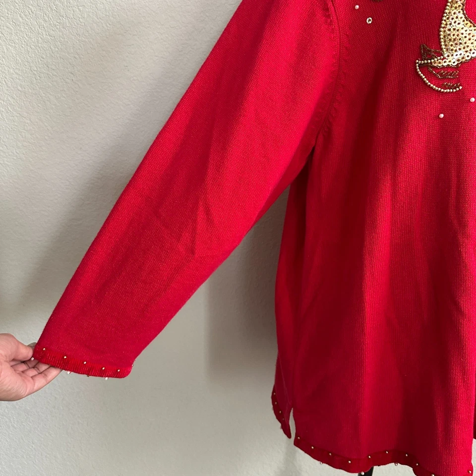 Quacker Factory Sweater 1X Plus Christmas Knit Reindeer Red Sequin Ramie 90s - Image 4 of 4