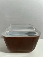 Vtg. Pyrex 501-B Little Brown Old Orchard Refrigerator Dish  Ribbed Lid 12 oz