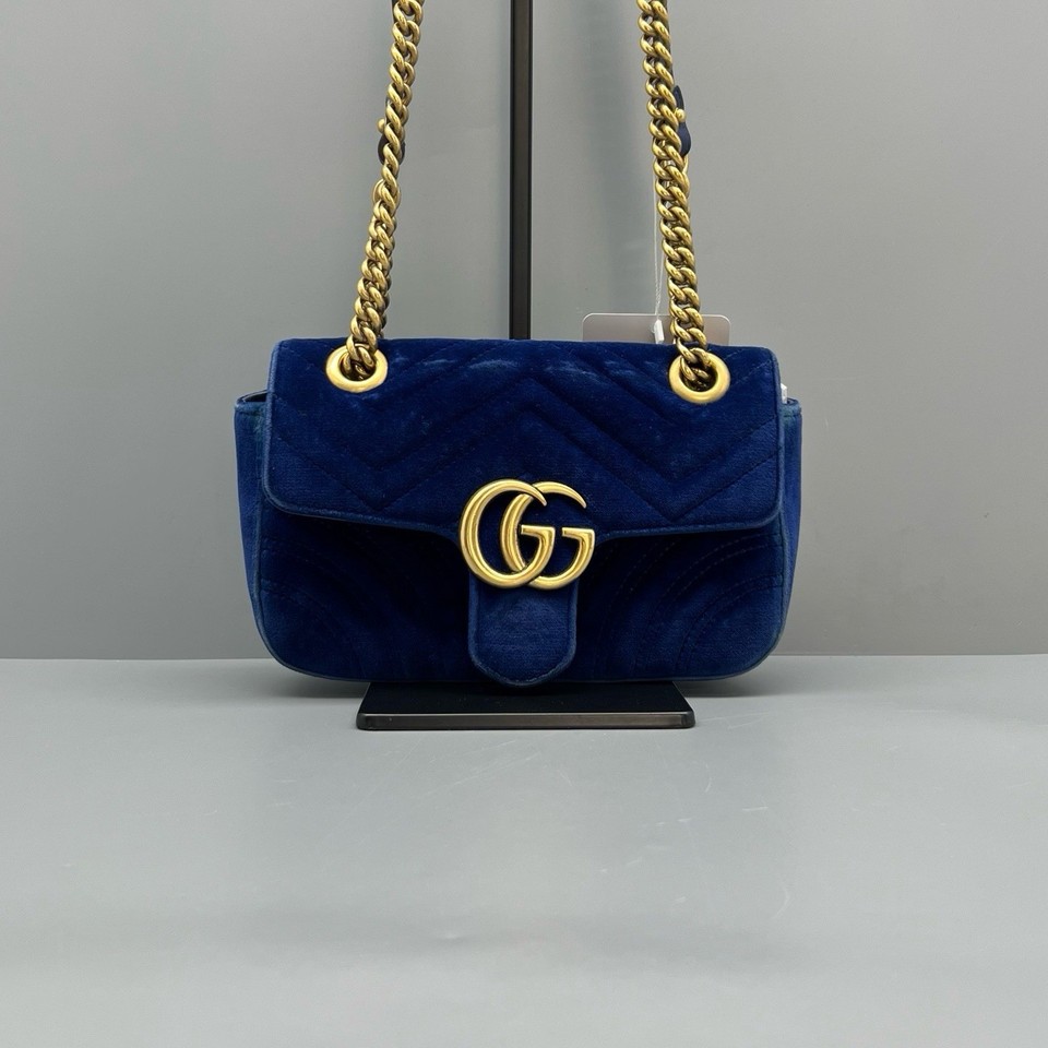 Authentic Gucci GG Marmont Velvet Blue  22cm  Small  Bag