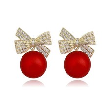 Christmas Bow Earrings for Women Pearl Bow Drop Earrings Red Ball Bow Earrings X