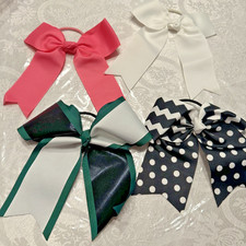 girls 4pc Cheer Hair Bows Ponytail Holders Pink White Green Black White