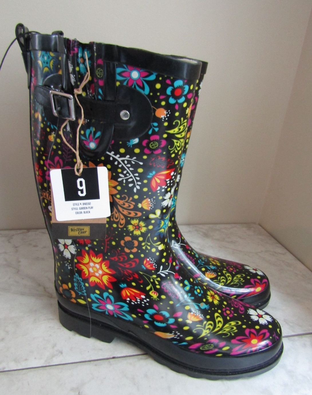 NWT Western Chief Garden Play Tall Black Waterproof Rain Boot Women's Size 9