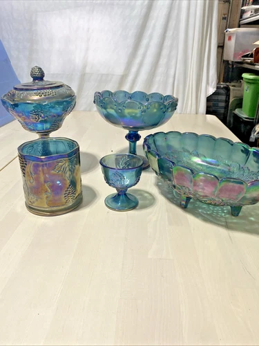 Vintage Indiana Blue Carnival Glass - (Harvest Grape) 5 piece set
