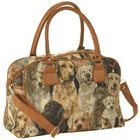 Dog Tapestry Barrel Handbag with Adjustable Strap Silvertone Hardware 11″ Wide