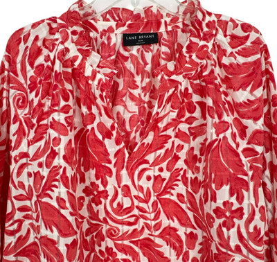 Lane Bryant Womens Plus Tunic Blouse 22-24 Poly Red White Floral Ruffle Neck