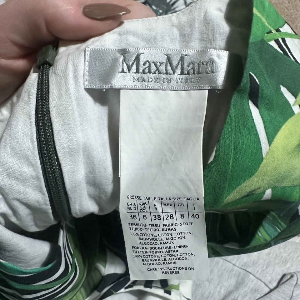 Vestido MaxMara Mujer 6 Verde Blanco Tropical Estampado Palma Funda Sin Mangas Italia Foto 3 de 4