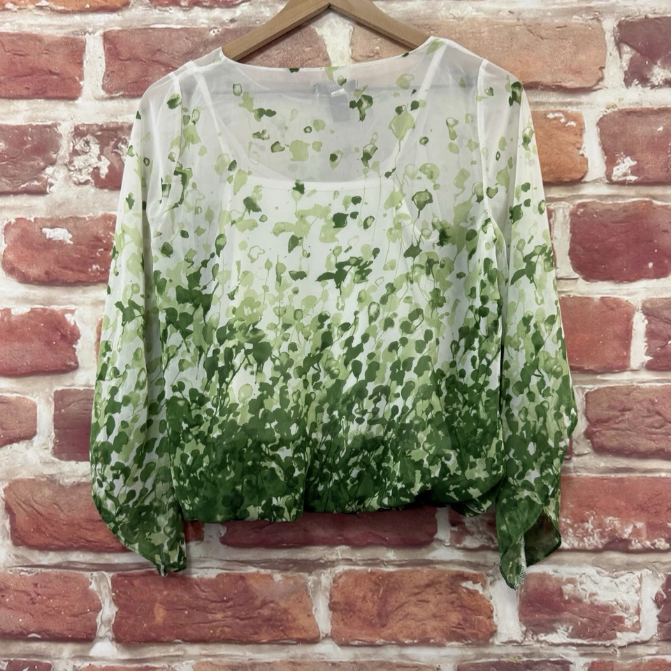 Alfani Top Womens Small Petite Green White Abstract Casual Career Popover - Image 4 of 4