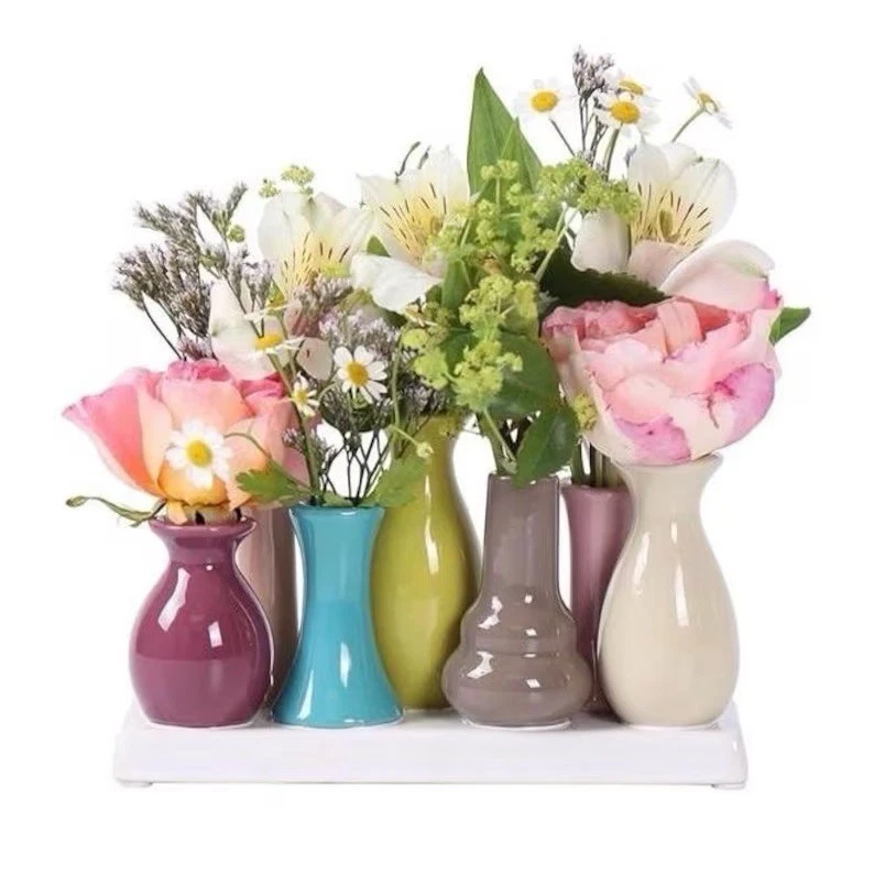 Jinfa Vasenset aus 7 bunten kleine mini Keramik Vasen Blumenvase Deko auf Sockel - Bild 3 von 4