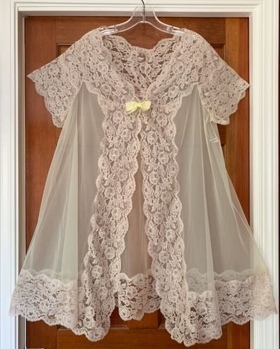 Vintage 60s Shadowline Sheer Nylon Peignoir Robe Pale Yellow + Lace Baby Doll, M