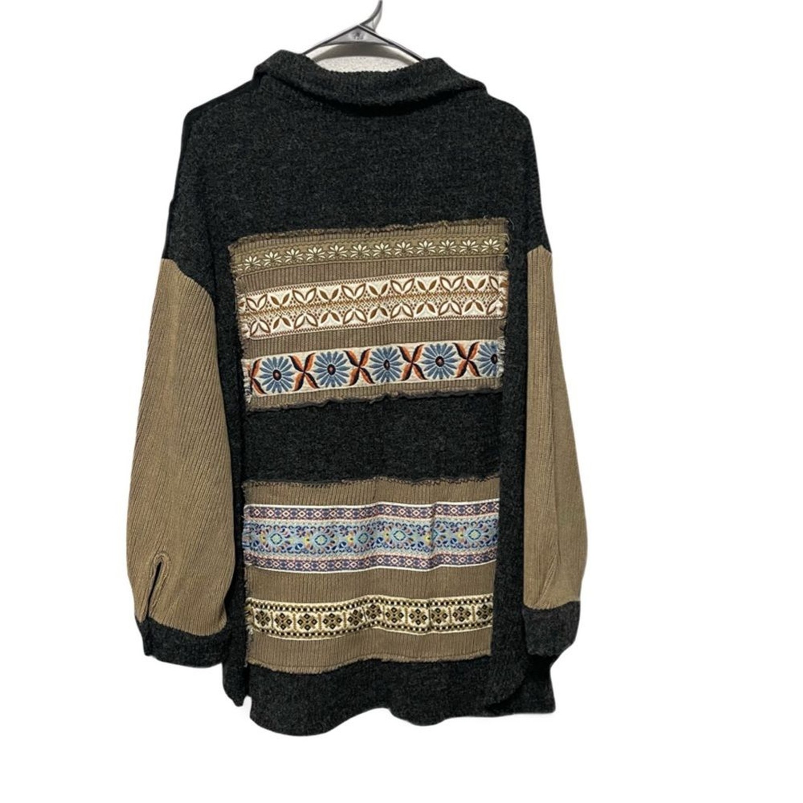 POL Button Front Patchwork Sweater Black Gray Art… - image 6