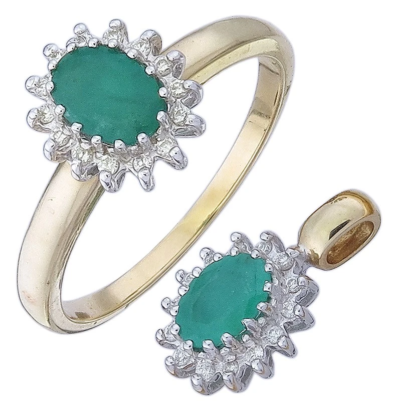 Schmuckset Zweiteilig Smaragd Diamanten 585er Weiß- und Gelbgold - Bild 1 von 3