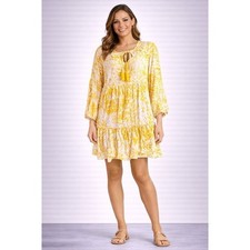 Blue Island Yellow White Boho Tunic Dress Women's Small Tiered Tassel Tie