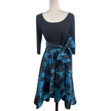 R & M Richards Black Teal Brocade Taffeta Floral Party Holiday Dress Size 8