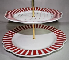 Grace Teaware Josephine Two Tier Tidbit Server Tray Red & White Stripes & Dots