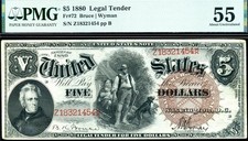 HGR 1880 $5 Legal Tender FR.72 ((Very RARE Issue - Large BROWN Seal)) PMG AU-55