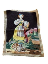 Finished Cross Stitch Girl Holding Flowers In Dress Landscape Unframed Vintage