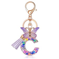 Initial letter Keychains for Women Tassel Butterfly Pink Purple Cute Car Key -C-