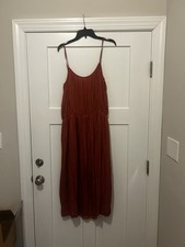 Gap Rust Orange Pleated Satin Feel Dress Gathered Waist Size Large Formal Flirty