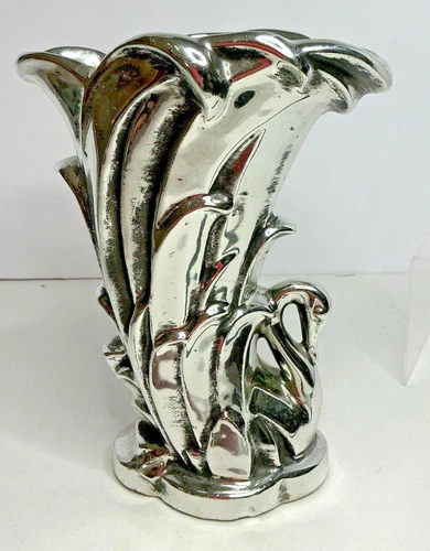 Mccoy Antique Painted Silver Swan Vase USA
