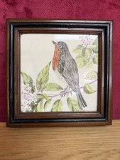 Antique framed tile of a Robin  teapot stand frame  8.2in square tile 6in sq