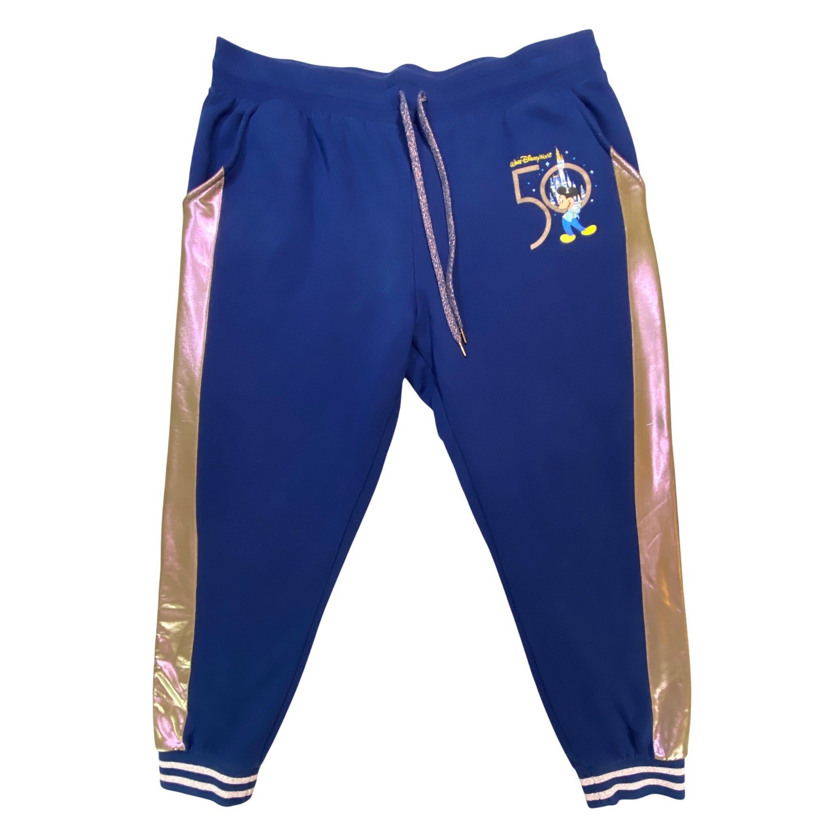 Disney World 50th Anniversary Mickey Mouse Joggers Blue Rose Gold Trim Womens XL