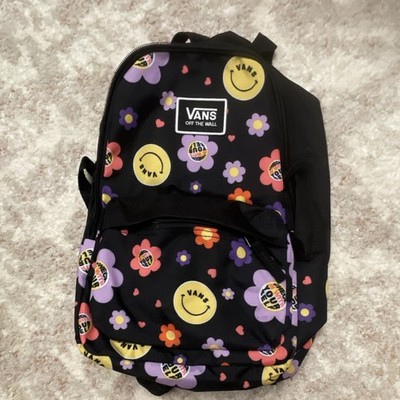VANS Kids Backpack Black Floral Smiley Face Hearts Canvas School Bag