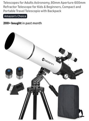 Telescopes for Adults, 80mm Aperture 600mm Refractor Telescope with Backpack