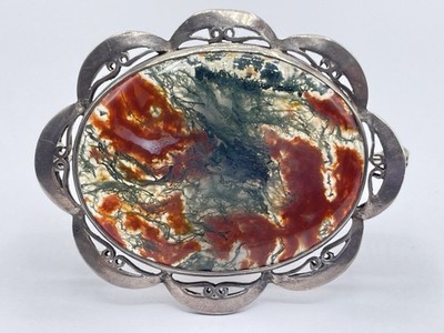 Beautiful Large Vintage Silver Hallmarked Moss Agate Brooch By Sydney & Co