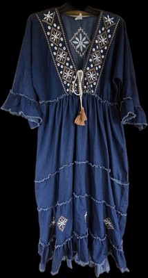 Sumitra ~ Embroidered Boho Denim Dress Midi-Maxi,  FREE SIZE (UK 10-14)