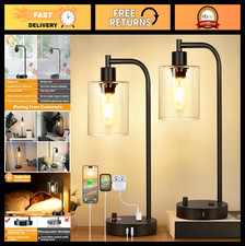 Set of 2 Dimmable Industrial Table Lamps with USB Ports  Outlets, Glass Shade
