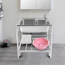 Stainless Steel Single Basin Kitchen Sink Home Laundry Sink with Faucet & Stand