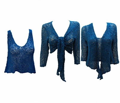 Damen-Oberteil Netz gehäkelt Achselzucken Weste Festival Boho Hippie kostenlos Größe 8 - 18 P. BLAU