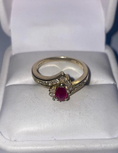 ESTATE Solid 14K Gold Pear-Cut Natural Ruby Diamond Cocktail Ring Size 7 - Picture 7 of 10