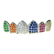 Color Grillz Silver Tone CZ Multi-Color Rainbow Iced Bling Hip Hop Teeth