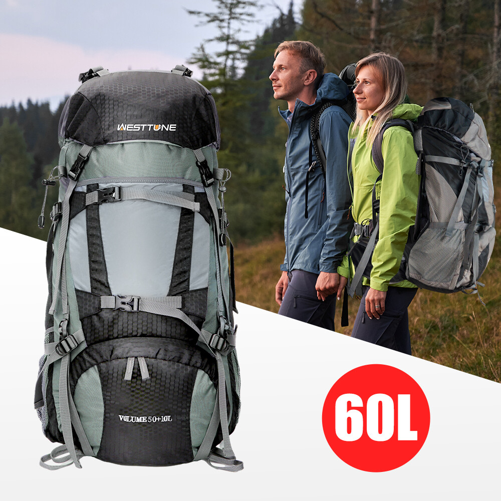 60L Cyan Hiking Backpack with Internal Frame & Rain Cover for Outdoor Travel-image