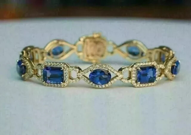 5CT Oval Lab-Created Tanzanite Women's Tennis Bracelet 14k Yellow Gold Plated 7