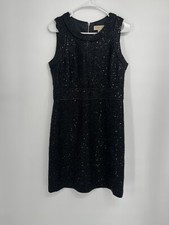 MICHAEL KORS Black Sequin Tweed Sheath Dress Sleeveless Zip Back Size 8