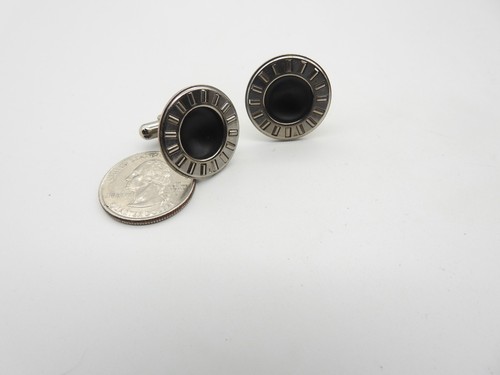 Matte Black Enamel Concaved Silver Tone Metal Textured Cuff Links - Picture 3 of 5